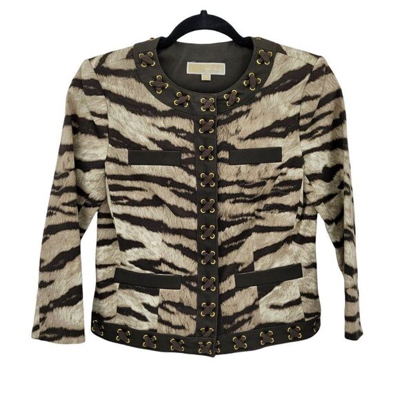 Michael Kors Tiger Striped Scoop Neck Grommet Rope Detailed Cropped Blazer Sz 0 - Picture 1 of 10